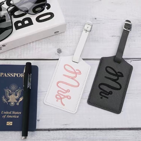 NEW| 2Pcs Premium Embroidered Personalized Wedding Luggage Tag Set Mr & Mrs - Picture 5 of 8